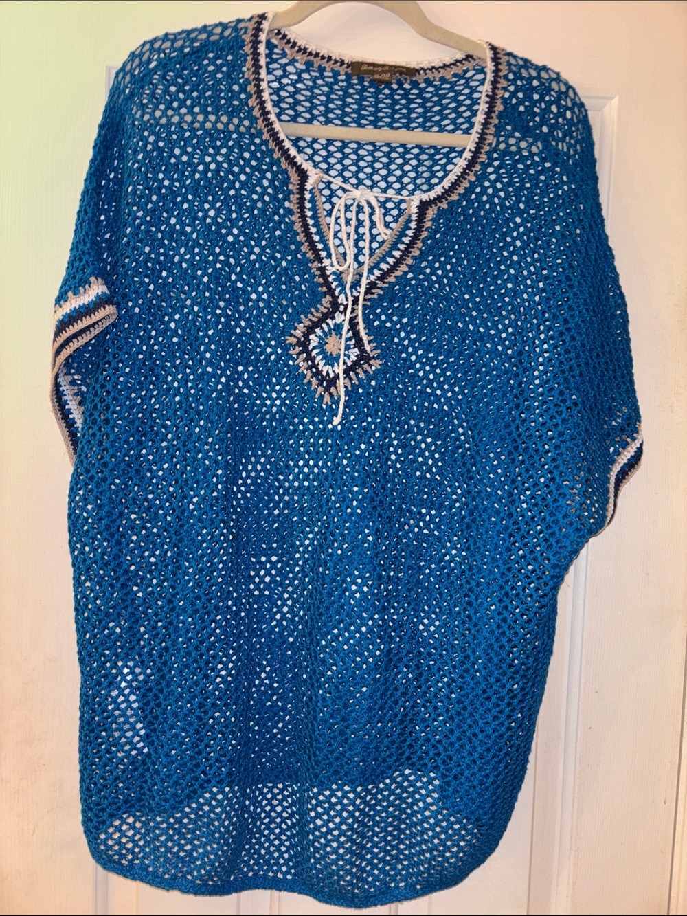 Tommy Bahama Blue Crochet Tie-Neck Beach Cover-Up Top XL EUC